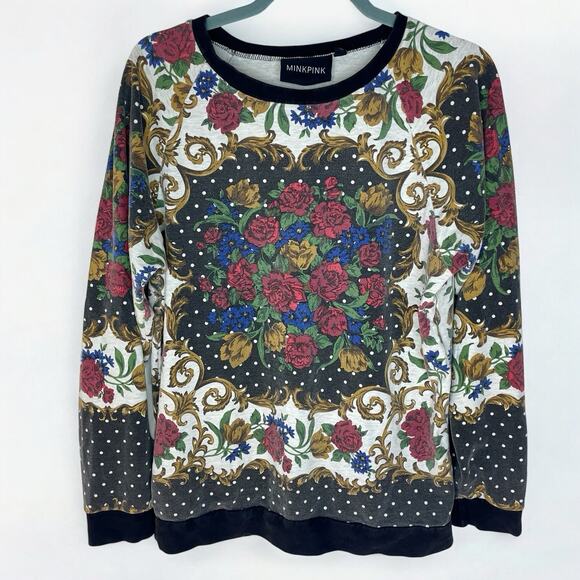 MINKPINK Boho Floral Baroque Sweatshirt Top S Soft Grunge Victorian Artsy Roses - Picture 2 of 5